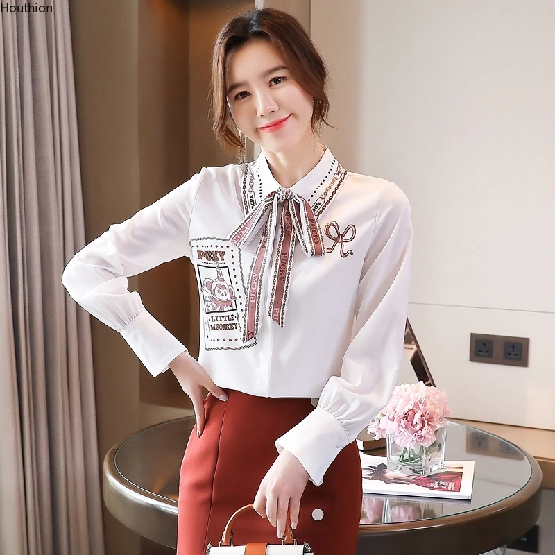 

Silk Women's Blouses Fashion Casual Silk Shirt New Korean Style Printed Blouse Office Lady Bow Long Sleeved Top Houthion