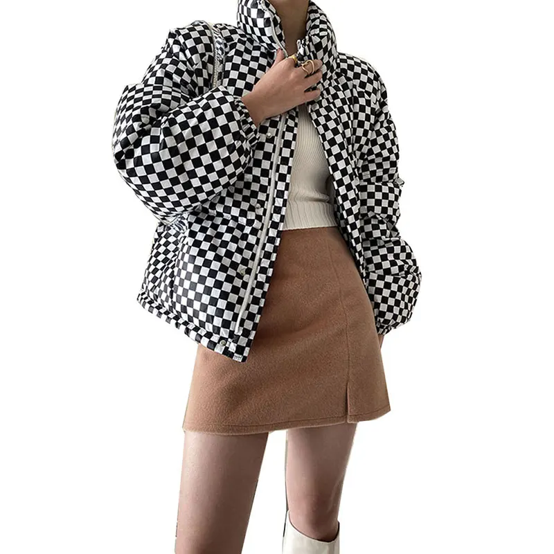 

Модная зимняя пуховая куртка для женщин, новинка 2021, короткое пальто с шахматным воротником и воротником-стойкой, пуховик на белом утином пу...