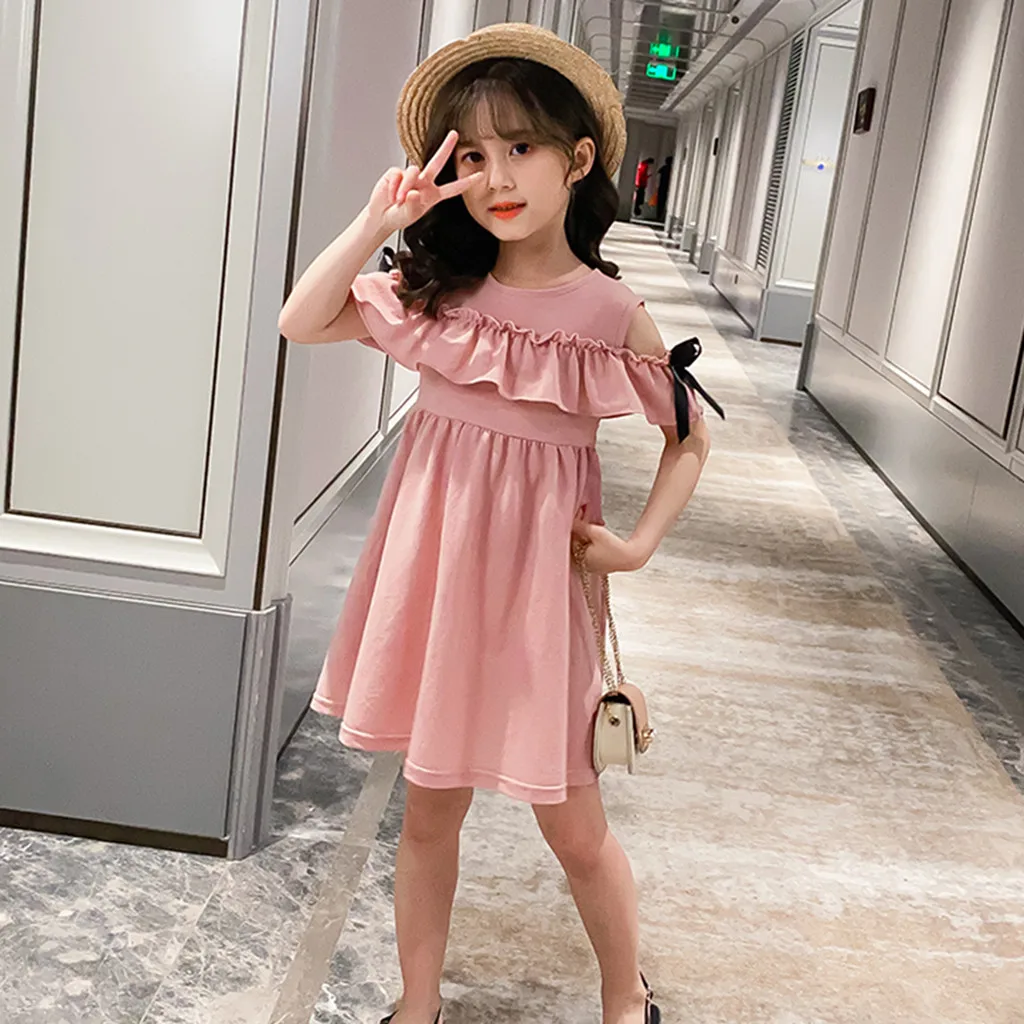 

Kids Baby Children Girls Ruffles Ruched Solid Princess Dresses Casual Clothes Summer Dress 2021