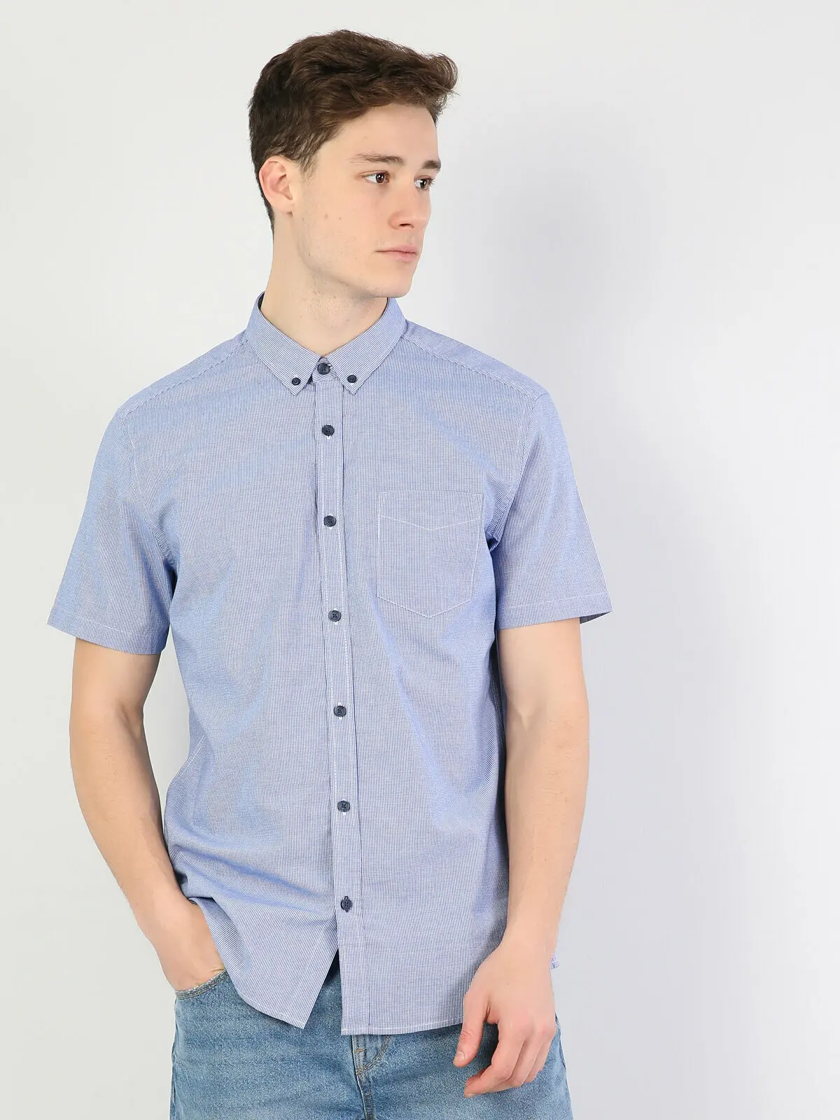 

Мужская рубашка с коротким рукавом Colins, темно-синяя рубашка с коротким рукавом, CL1041890