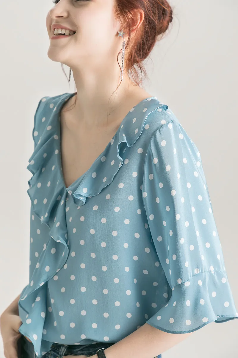 Женский топ из натурального шелка в горошек базовая футболка 100% тутового