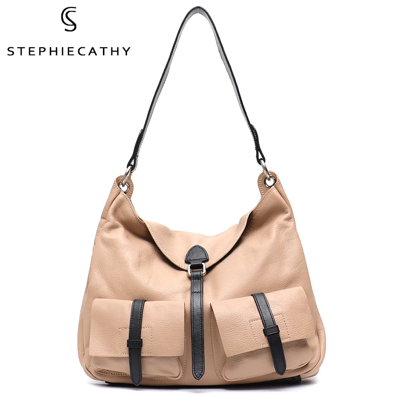 

SC Fashion Women 100% Genuine Leather Hobo Handbag Multi Pockets Shoulder Bag Female Casual Cowhide Contrast Color Purse Satchel