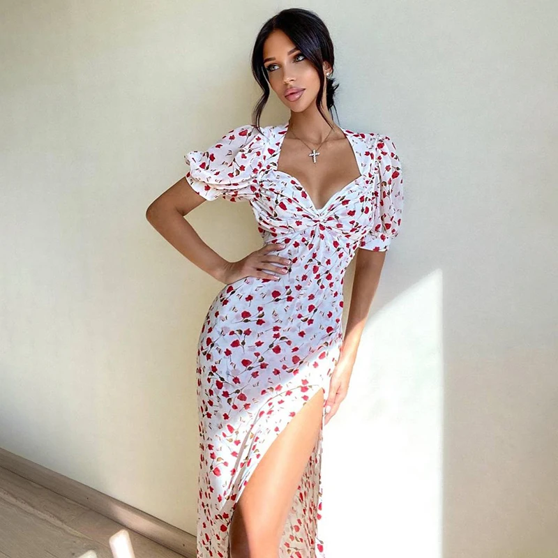 

Floral Print Dress for Women French Romance Elegant Lady Wedding Party Night Outfitst Short Puff Sleeve sexy High Split Dress