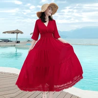 vestidos de mujer 2021 newest summer fashion runway lace splicing bohemia beach red dress elegant party evening midi dresses