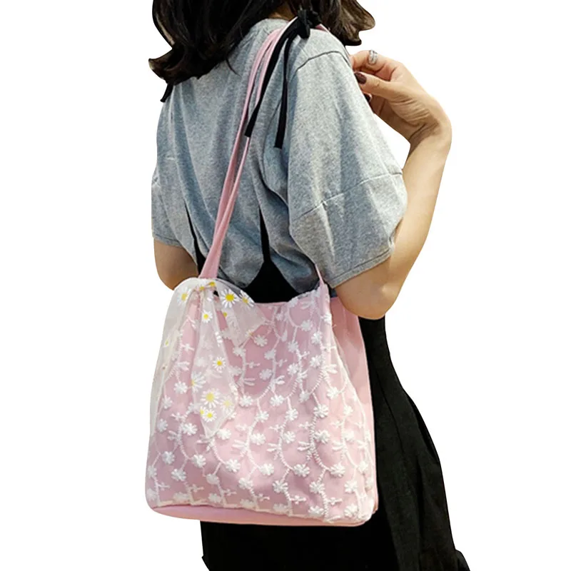 Женская летняя пляжная сумка модная Цветочная кружевная на плечо из