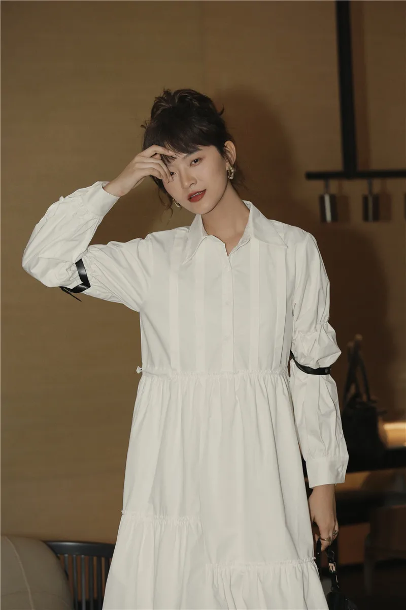 

Qeils Autumn Vintage Women White Party Loose High Waist Long Sleeve Elegant Casual Harajuku Irregular Pleating Maxi Cotton Dress