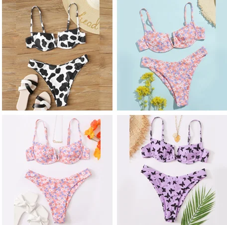 

Women Sexy 2pcs Bikini Set Spaghetti Strap V-Neck Underwire Padded Swimsuit Boho Floral Butterfly Cow Print Bathing Suit
