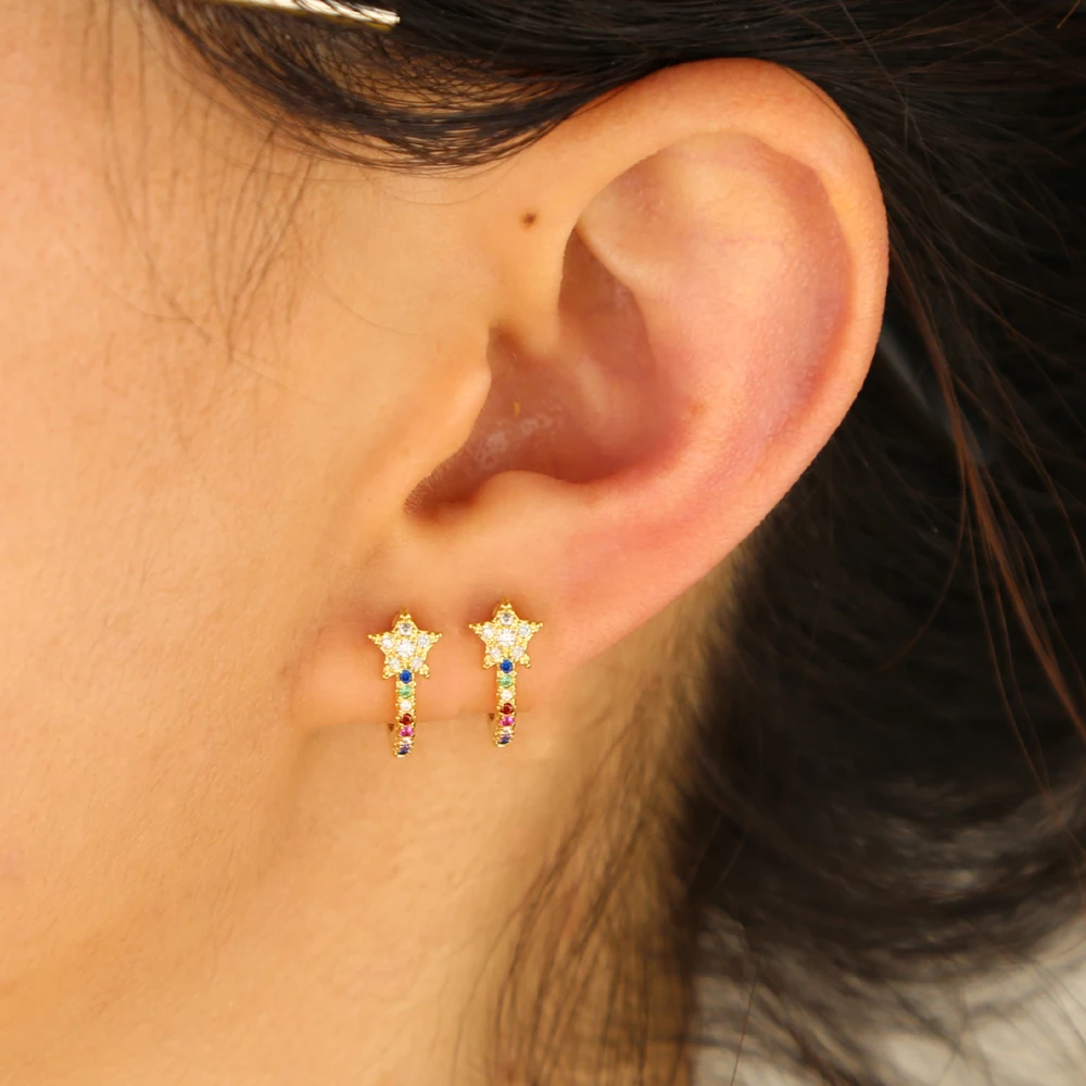 

New arrived Mini rainbow cz star earring jewelry for women lady wedding gift Gold filled colorful Letter J shape stud earrings
