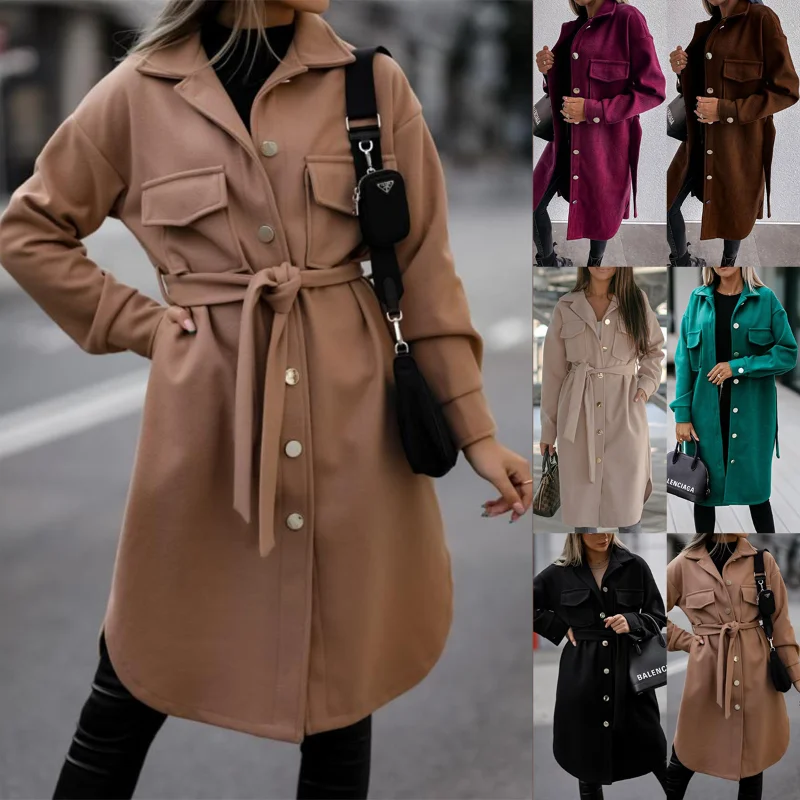 

Классическое плотное женское пальто с отложным воротником, однобортное осенне-зимнее теплое шерстяное пальто средней длины с карманами и о...