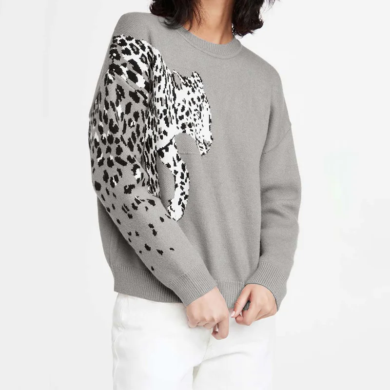 

Женский трикотажный свитер с леопардовым принтом, Свободный пуловер с длинным рукавом и круглым вырезом, Осень-зима 2021