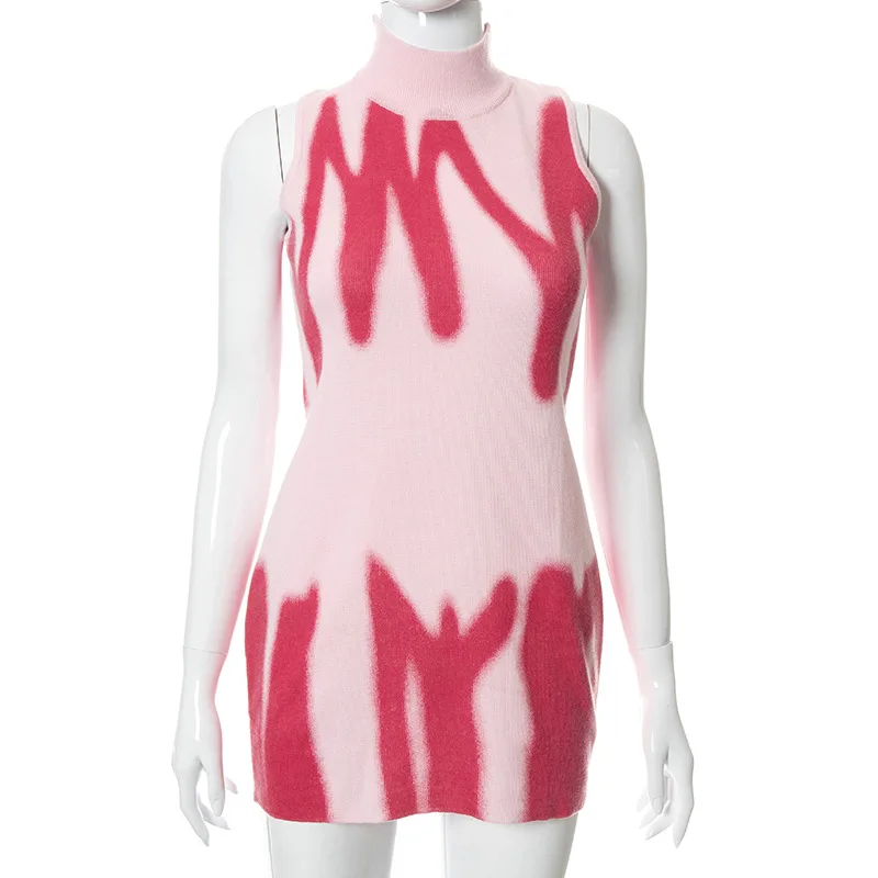 

ALLNeon Y2K Aesthetics Pink Print Turtleneck Knitted Mini Dresses 2000s Vintage Backless Tie Up Badycon Sweater Dress Sleeveless