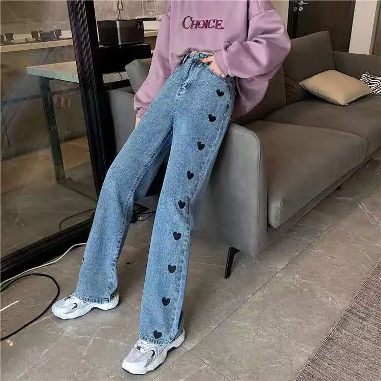 

2021 spring and summer new wide leg jeans women's love high waist loose straight tube show thin versatile drooping pants
