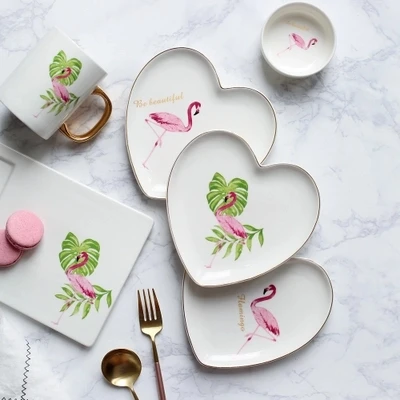 Керамическая тарелка с фламинго домашняя для еды обеденная тарелка|Блюдца и