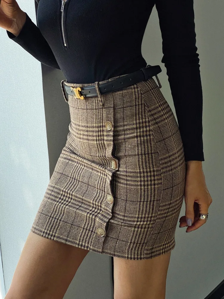 Юбка женская клетчатая из смешанной шерсти с имитацией пуговиц и высокой талией |