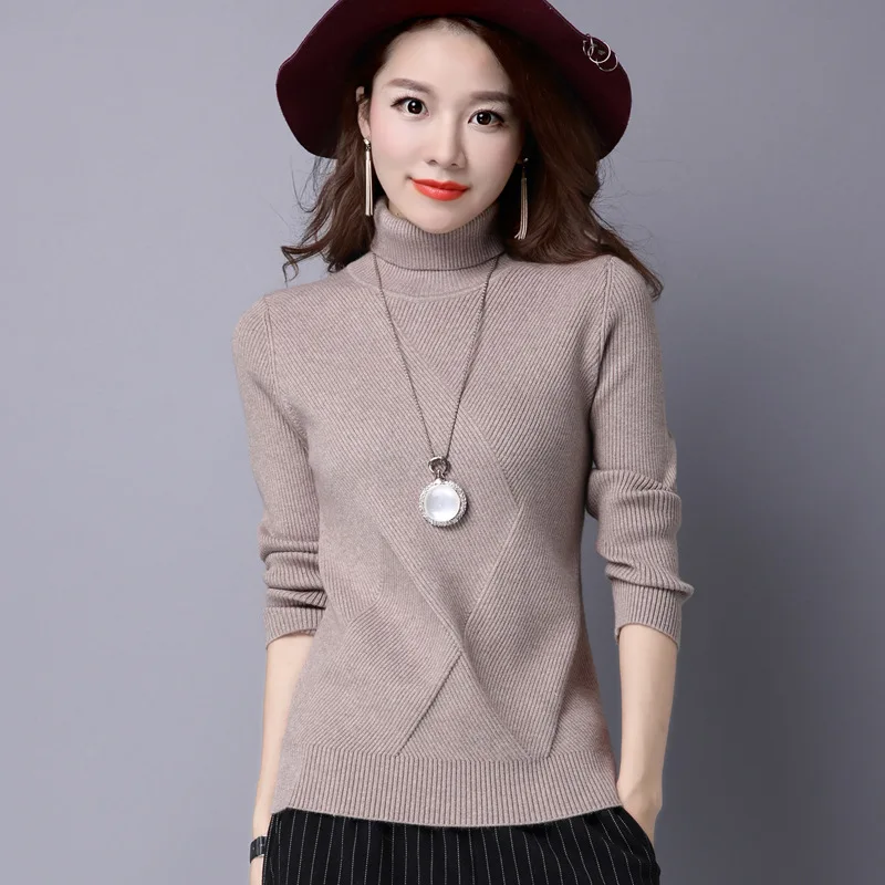 

KJA221 Women Turtleneck Long-Sleeve Knitted Wool Sweater Female Knitted Pullover Solid Color Tops High Elasticity Sweaters