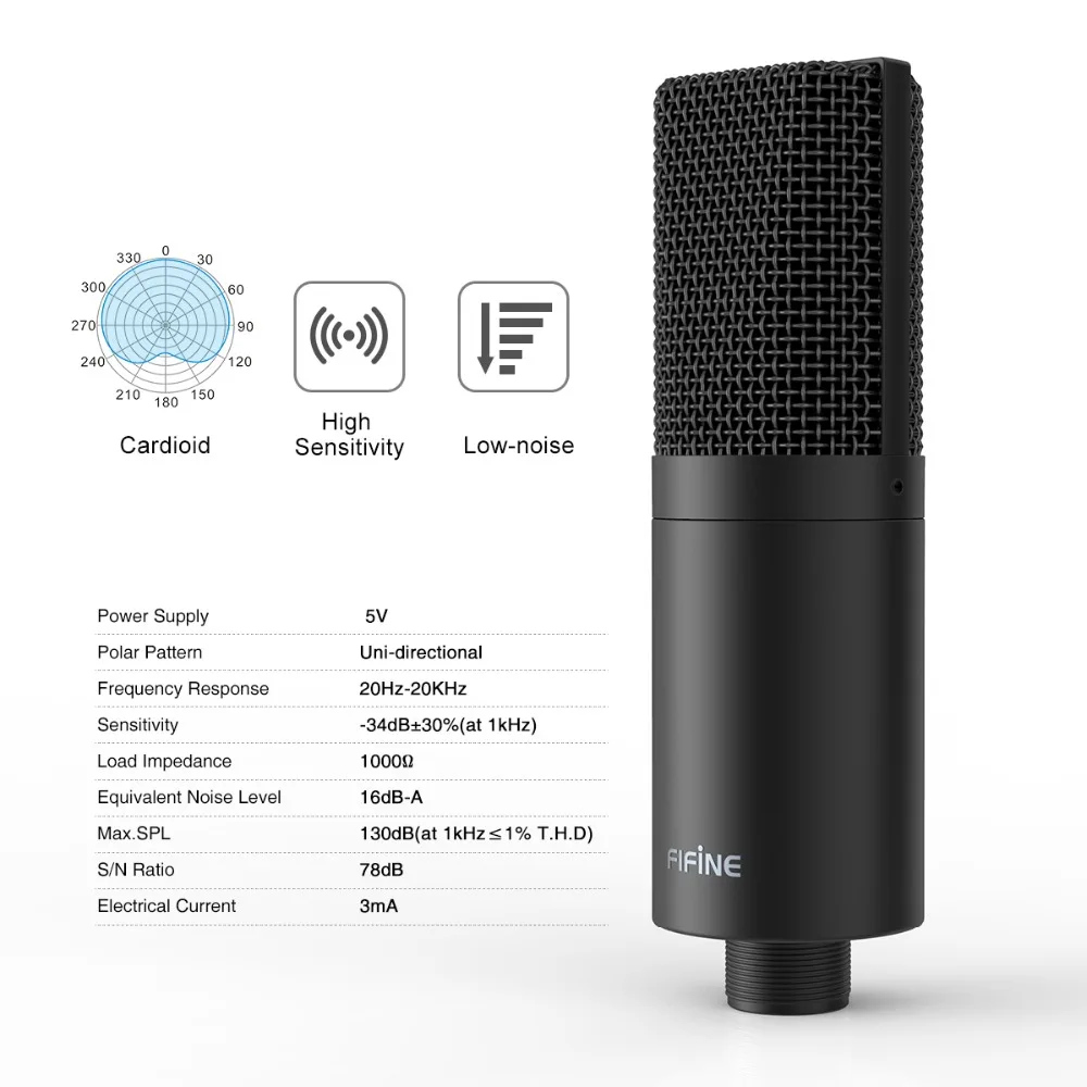 FIFINE USB конденсаторный ПК микрофон с регулируемым настольным микрофоном arm& shock mount для студийной записи YouTube Vocals Voice