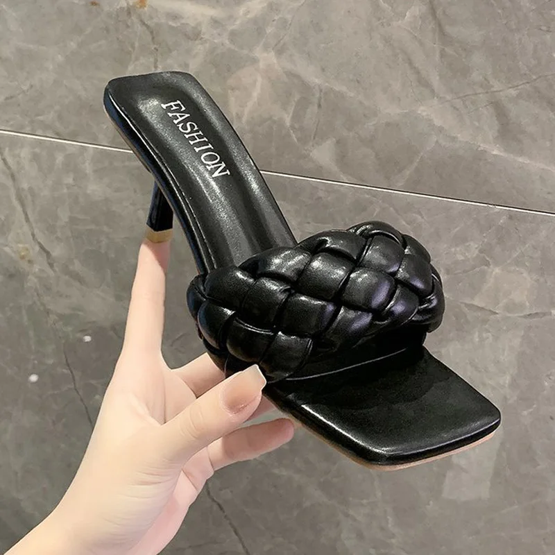 

Ladies Thin Heels Slippers Women's Summer Flip Flops Pu Leather Female Waterproof Mid Heels Shoes Woman Square Toe Shoe 2021