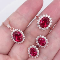 100 real synthetic oval cut ruby ring earrings pendant necklace gemstone ruby jewelry set for women bridal 925 sterling silver