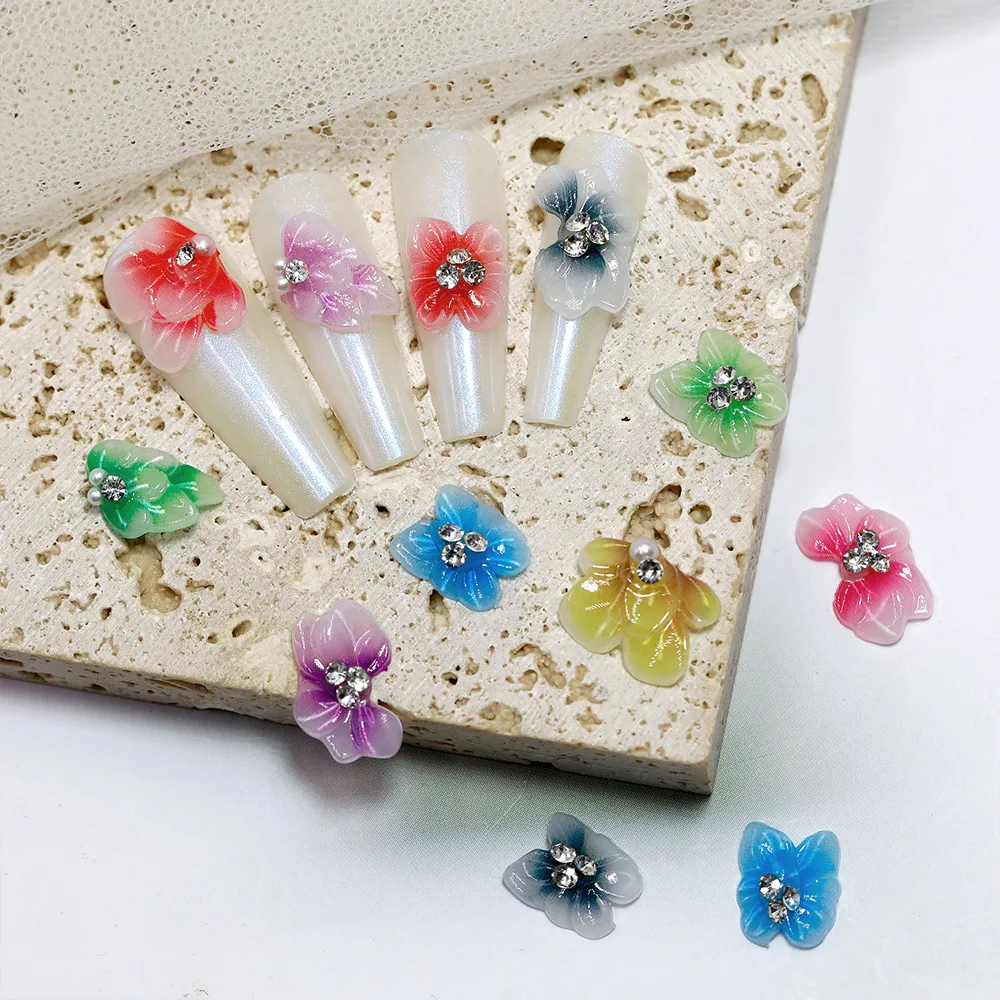 

10 шт., акриловые наклейки для ногтей с цветами и кристаллами