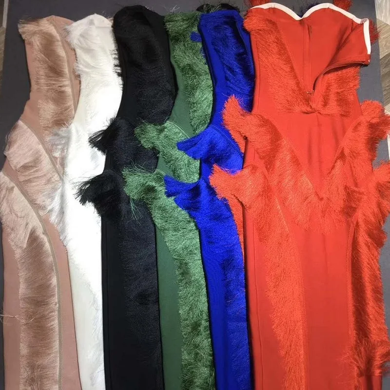 

New fashion Classic Off Shoulder Bandage Women Midi Dress With Tassel Design Celebrity Party Outfit Chic Stuff Wholesale Online