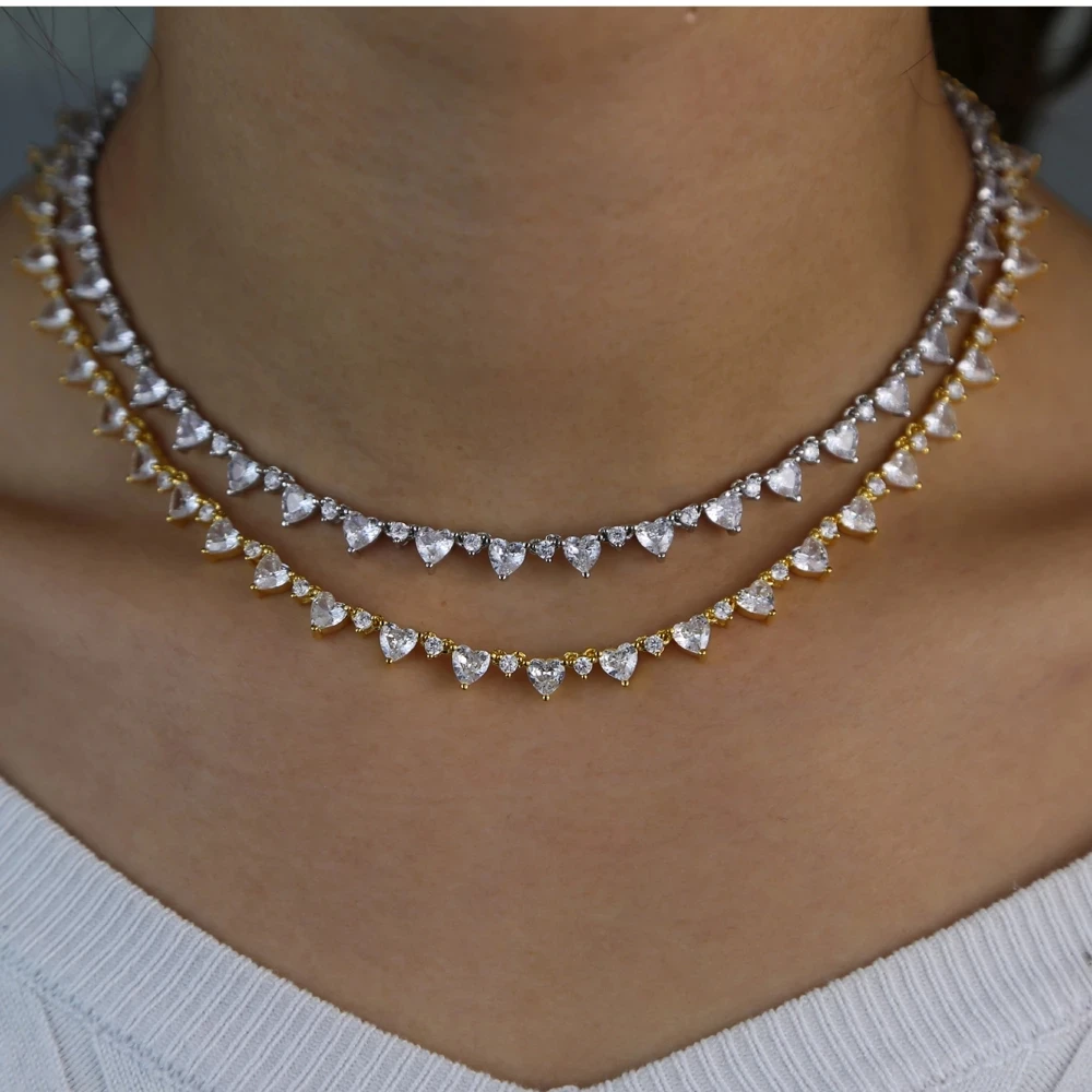 2021 Gold Silver Color Delicate Iced Out Sparking Bling White CZ Heart Link Chain Necklace For Girl Women Choker Fashion Jewelry | Украшения