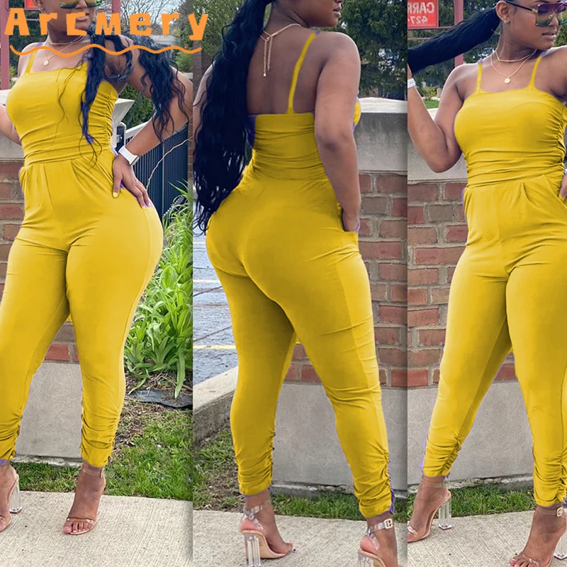 

Women Plus Size Oversize Spaghetti Strap Pockets Design Bodycon Jumpsuits