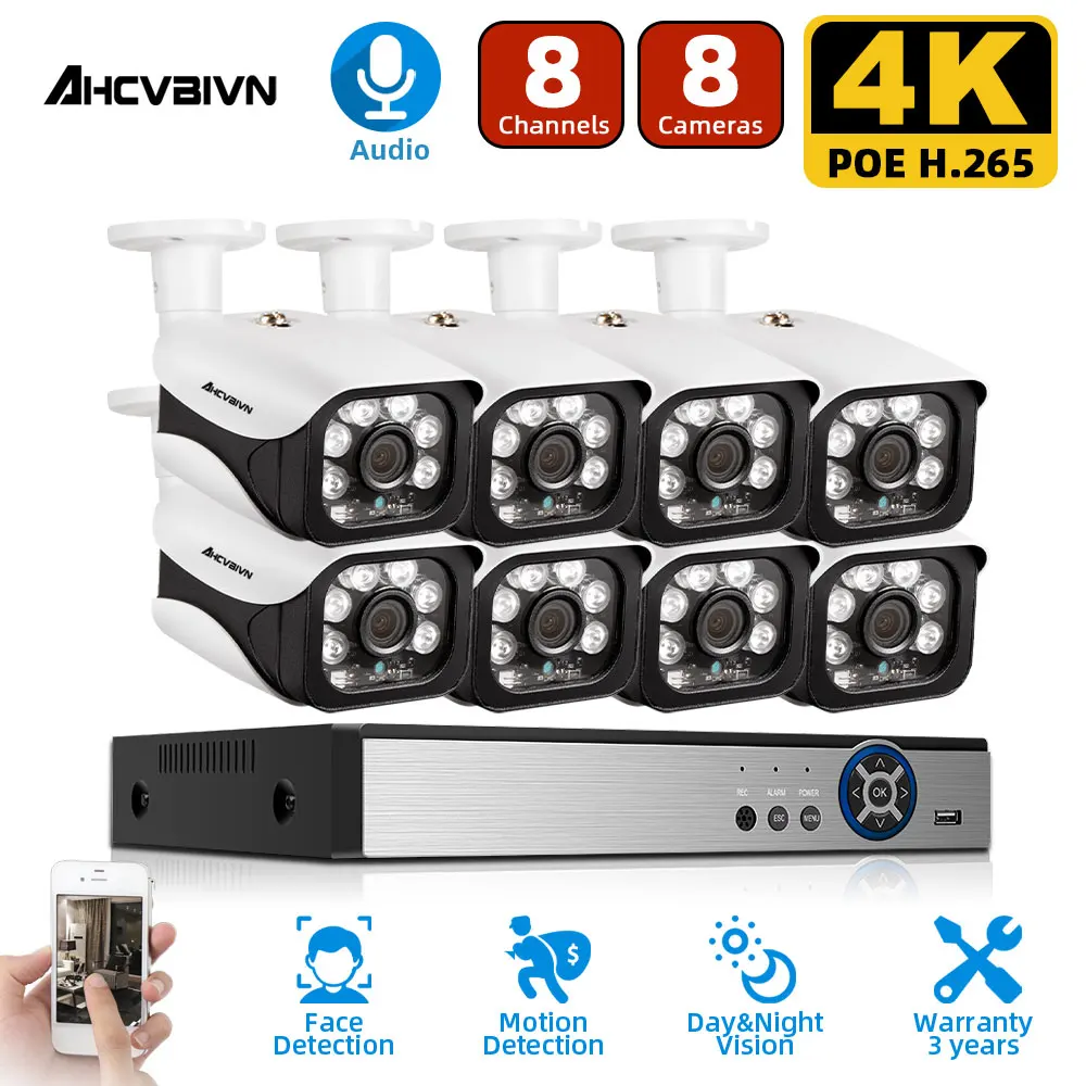 

Super 8CH 8MP 4K HDMI H.265 POE NVR Kit Audio CCTV System Outdoor IP66 IP Camera P2P Security Surveillance Motion detection