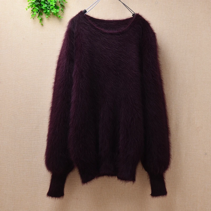 

Causal femmn sweaters round neck long sleeve mink cashmere pullovers angora fur rabbit animal hair hand made warm clothes china