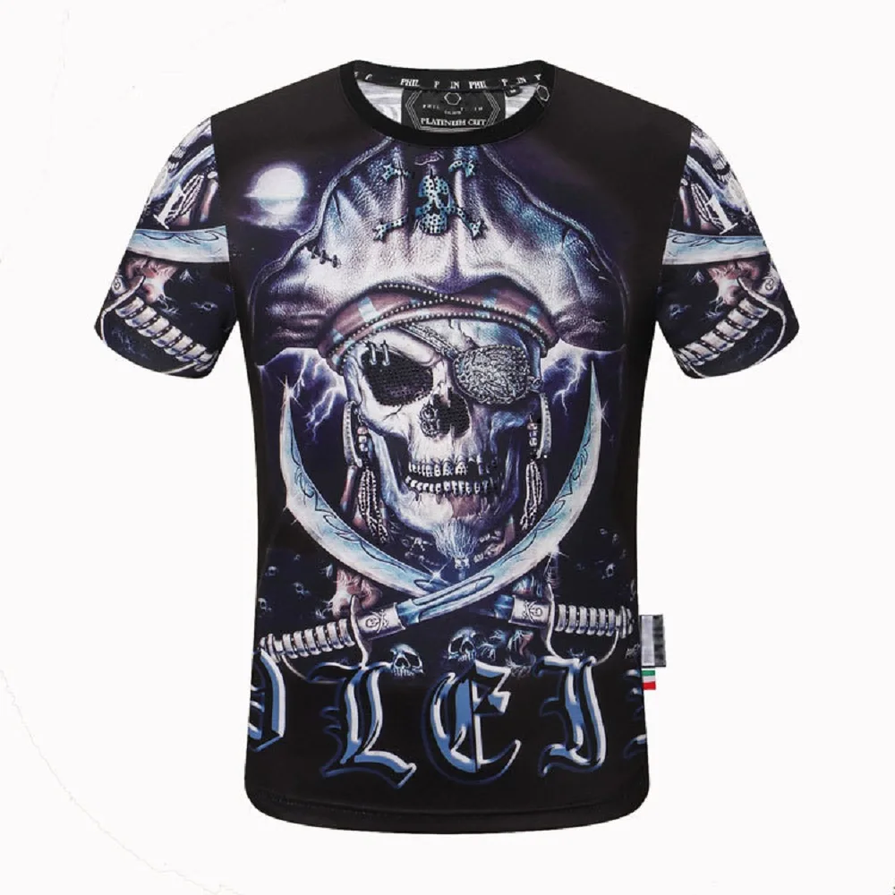 

Plein Brand Tshirt Men Cotton Skeleton Pirate T-shirt Summer Style Casual O-neck Short Sleeve Tees Hip Hop Tops Men Clothing