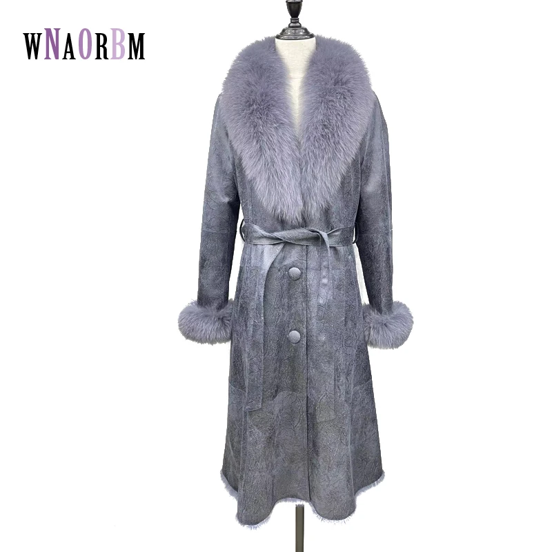 New Real Double Face Rabbit Fur Coat Women's Mid-Length Winter Close-Fitting Leather Fox Fur Collar Cuffs Fur Garments