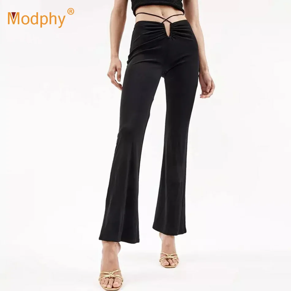 

Spring Fashion Women's Black Bodycon Flared Pants Sexy Hollow Cross Lace-Up Design Celebrity Party High Waist Pants 2021 New