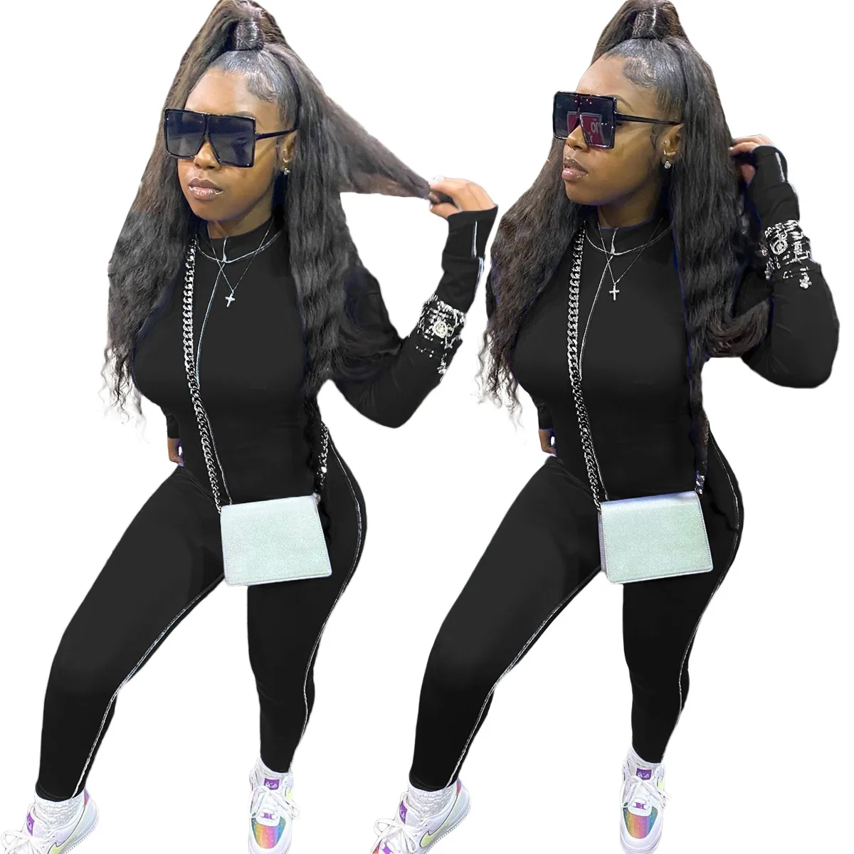 

European and American women's clothing urban fashion casual splicing long sleeve Jumpsuit