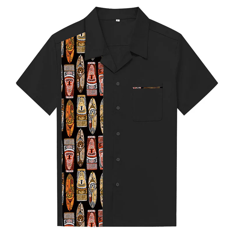 1950s Rockabilly Shirt Men Vintage Cotton Punk Rave Tops Short Sleeve Tiki Mask Printed Dress Shirts Men Steampunk African Style - Цвет: rockabilly shirt