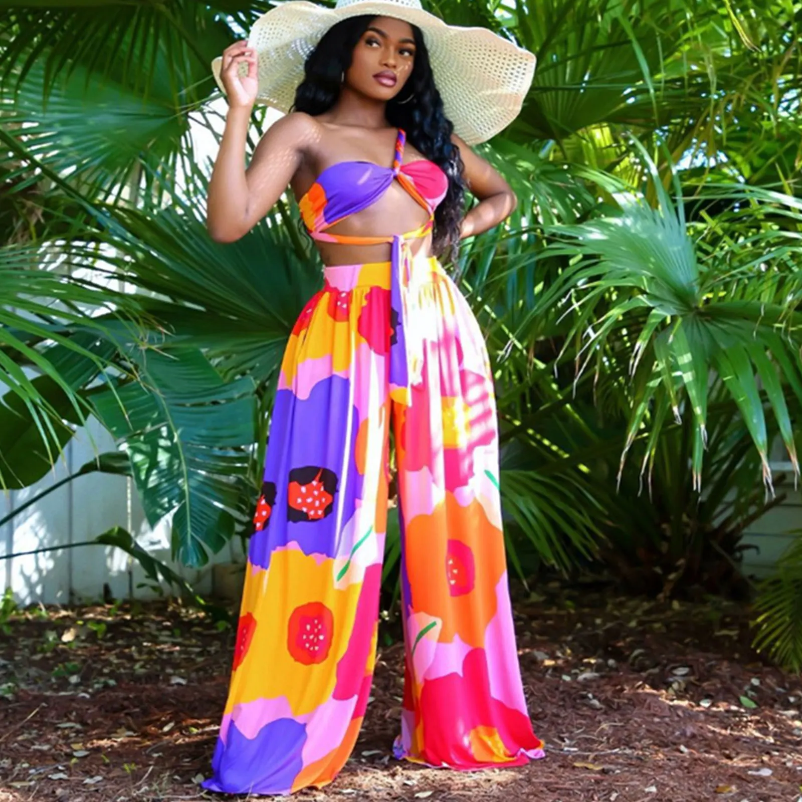 

Summer New Women Sets Boho Floral Two Pieces Fashion One Shoulder Strap Bra Corset Top+High Waist Wide Leg Pants Beach Wear Set