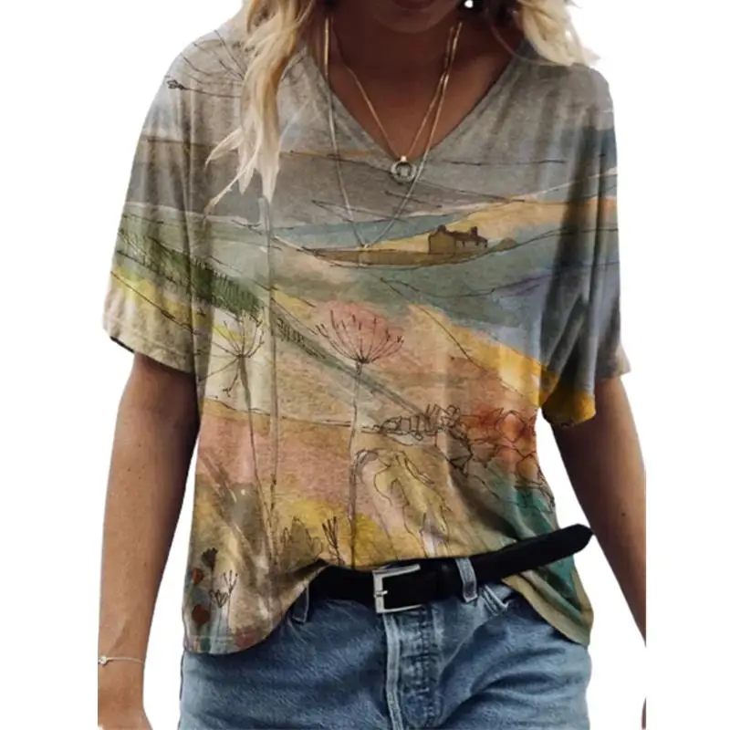 

5XL Oversize Women T Shirt Summer Short Sleeve V-Neck Casual Streetwear Tops Plus Size 4XL 5XL Ladies 3D Floral Printed Tee 2021