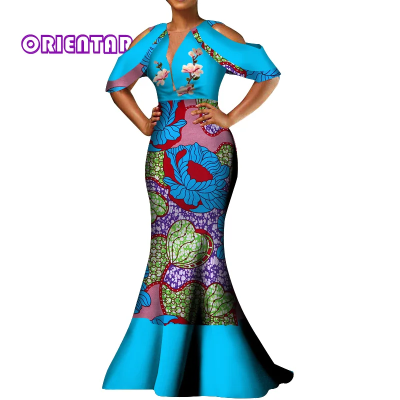 Женское платье в африканском стиле с вощеным принтом глубоким V-образным вырезом