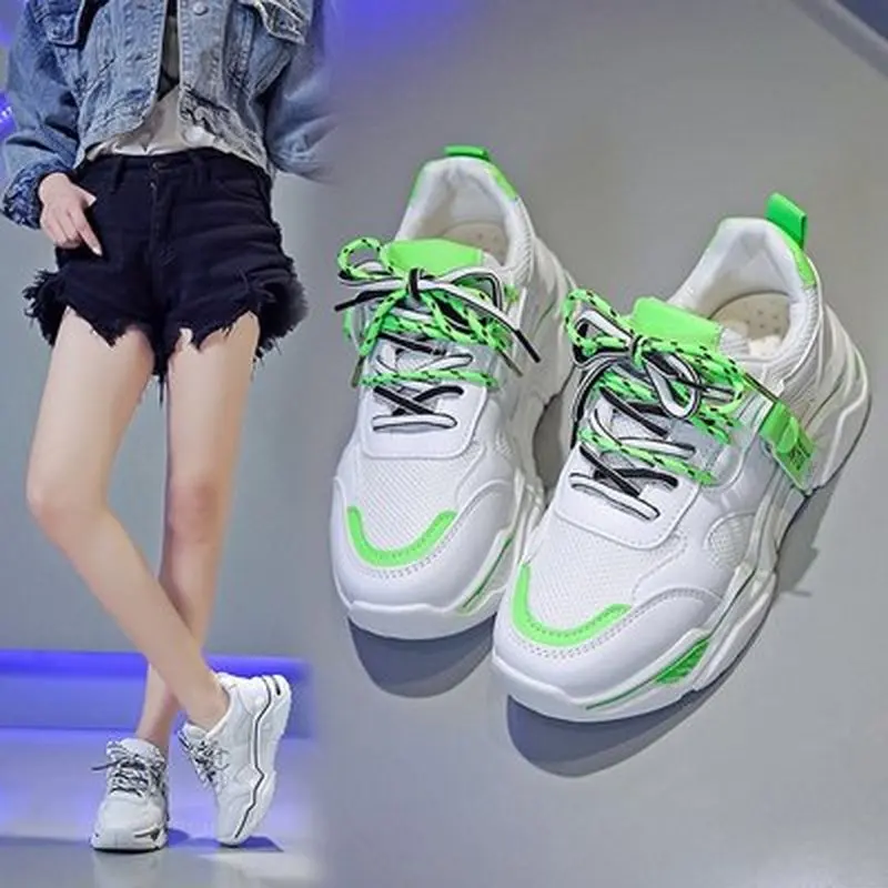 Vintage Women Dad Sneakers Fashion Light Breathable Women Casual Yellow White Mesh Shoes Platform Sneakers Tenis Feminino