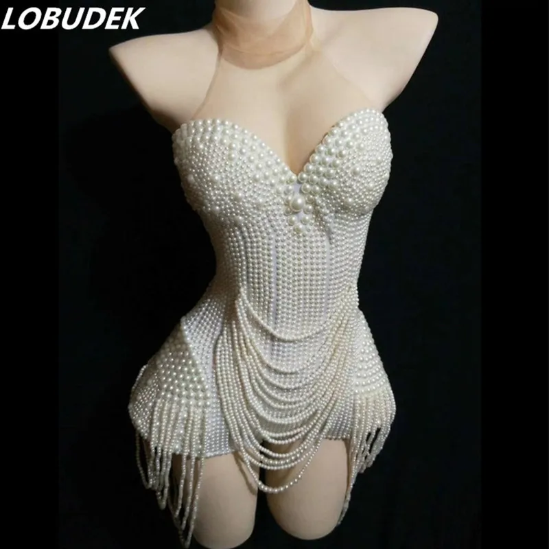 Сексуальная Женская сценическая одежда Белый Жемчуг Бисероплетение Боди без