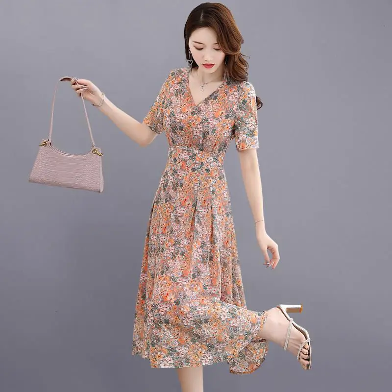

Women's Spring Summer Style Women's Dress V-Neck Thin Section Chiffon Printing Elegant Temperament Ladies Dress SS3135