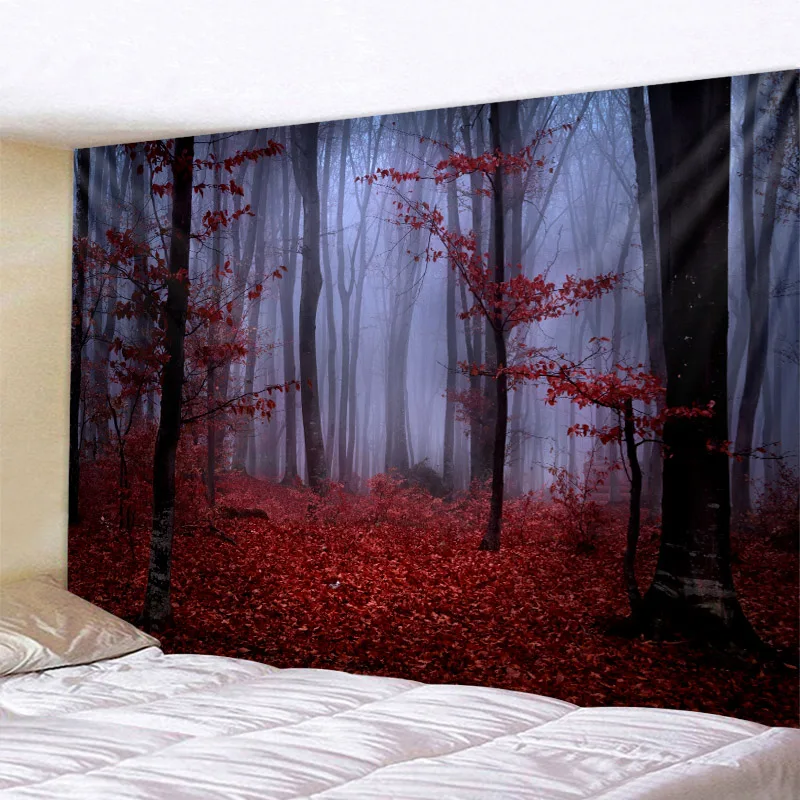 

Red psychedelic woods multi-size tapestry forest oil painting tapestry beach picnic mat camping tent mat home wall decoration