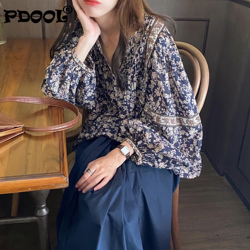 

Korean Floral Women Blouse Lantern Long Sleeve Buttons O-neck Shirt 2021 Autumn Causal Vintage Blusas Feminimos