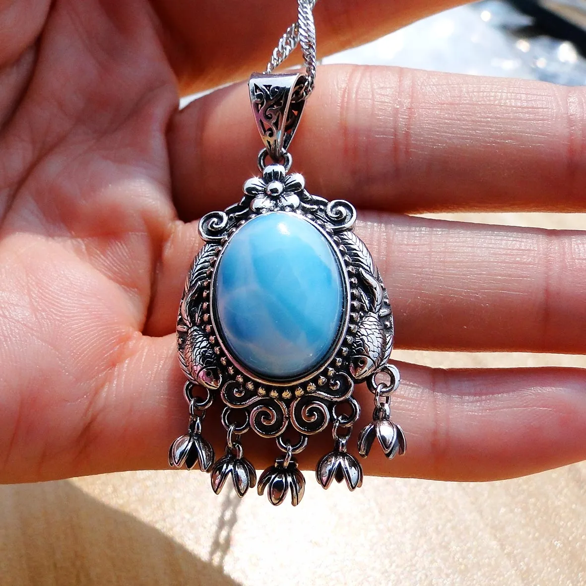 

Vintage Antique Beautiful 925 Sterling Silver Natural Dominca Larimar Pendant Necklace For Gift