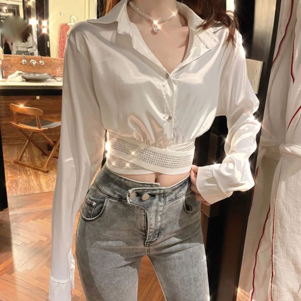 

Fall 2023 New Blouse Bright Diamond Design Slim Slimming Short Sexy Niche Women Long-sleeve Shirt Casual Elegant Trend Shirt