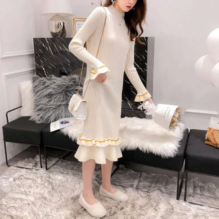 Beige Vangull трикотажное платье-свитер Женское зимнее платье с расклешенными рукавами с высоким воротом Новое Осеннее однотонное Элегантное Длинное платье с оборками - Цвет: Beige