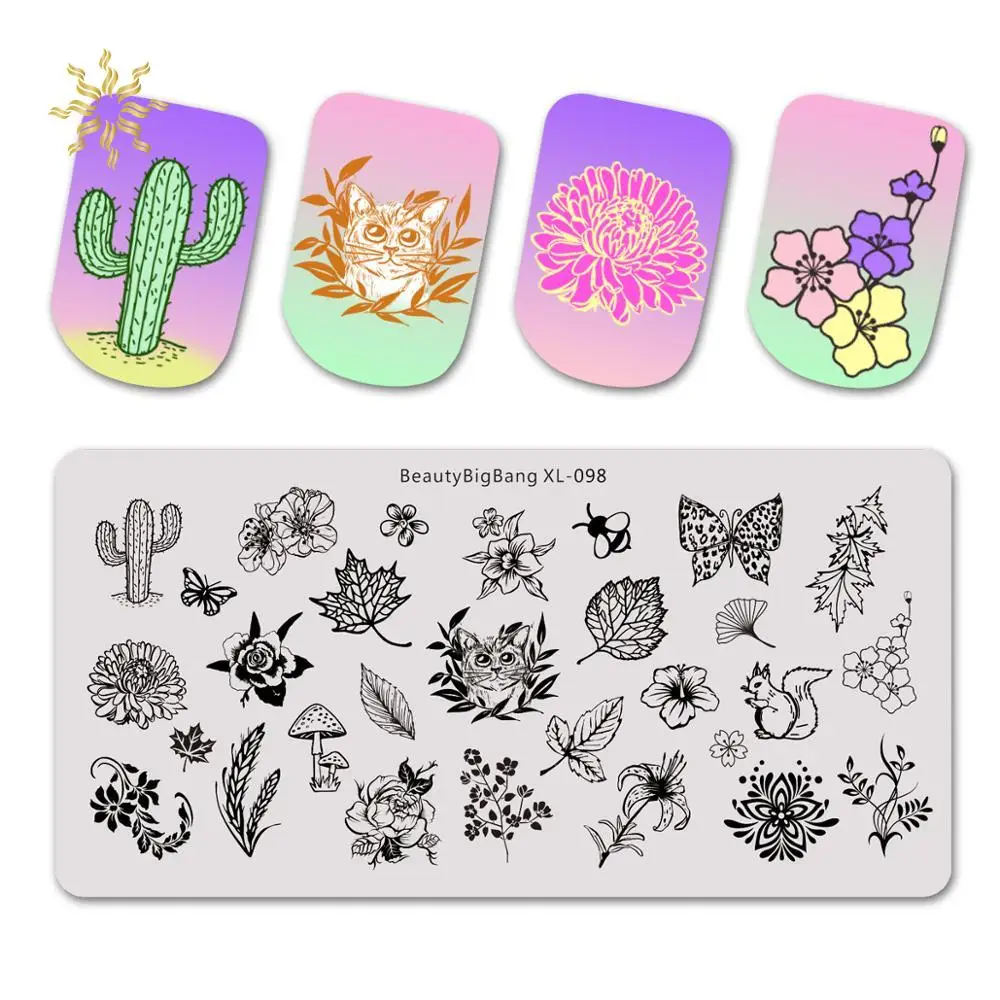 

Beautybigbang прямоугольная пластина из нержавеющей стали для стемпинга ногтей цветы Бабочка гриб кактус рисунок ногтей шаблон для ногтей