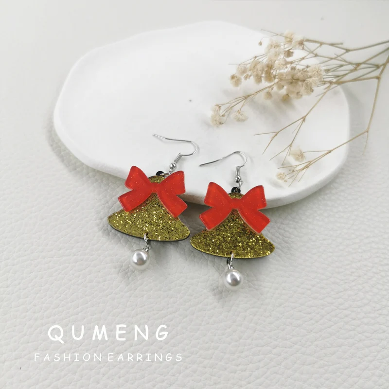 

QUMENG 2021 Новые Модные индивидуальные рождественские украшения акриловые Мультяшные красные банты золотые блестящие колокольчики жемчужные ...