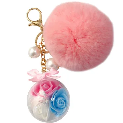 

10pcs/lot woman fashion faux fur ball rose keychain female rose key ring