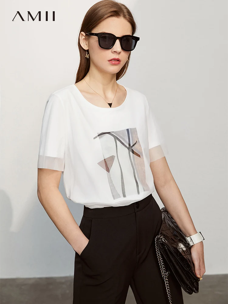 Женская Кружевная футболка Amii хлопковая с круглым вырезом в стиле минимализма