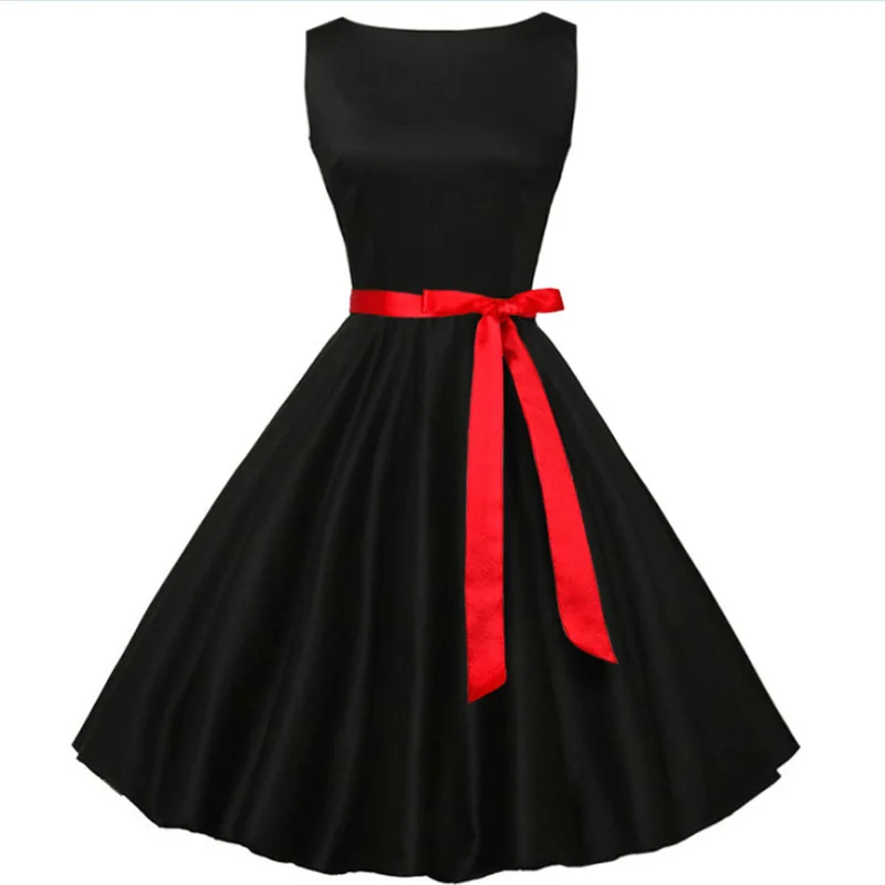 

2020 2020 милые Стильные черные и красные однотонные платья с поясом винтажные трапециевидные платья без рукавов с животным длиной до щиколотк...