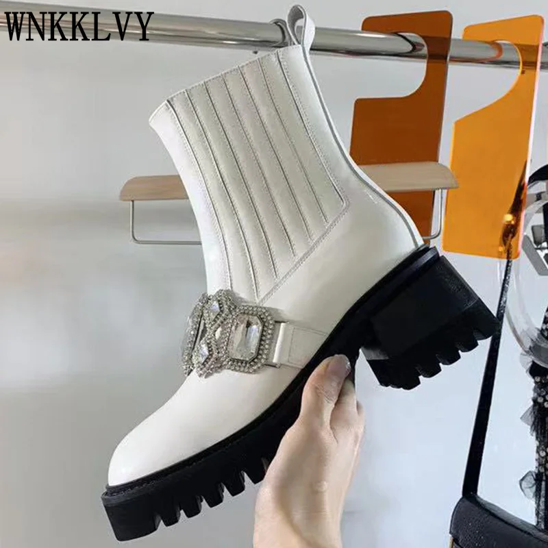 

Ankle boots women crystal decor Platform chelsea boots 2021autumn winter new fashion patent leather round toe short botas